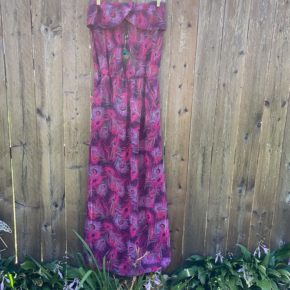 Kirra strapless maxi feather print purple pink dress womens  Size: Large